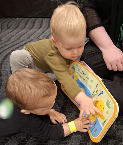 Two toddlers looking at a picture book about ducks